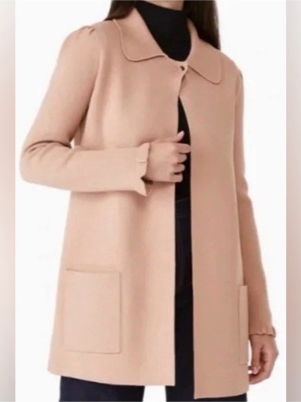 Kate Spade heavy knit Womens tan Long Collar Coat Jacket sz medium preppy twee